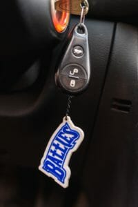 A pad printed PVC keychain.